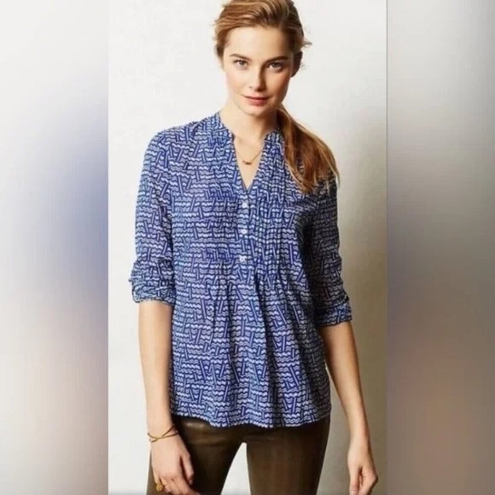 Anthropology HD In Paris Blue & White Patterned Long Sleeve Blouse - US 0